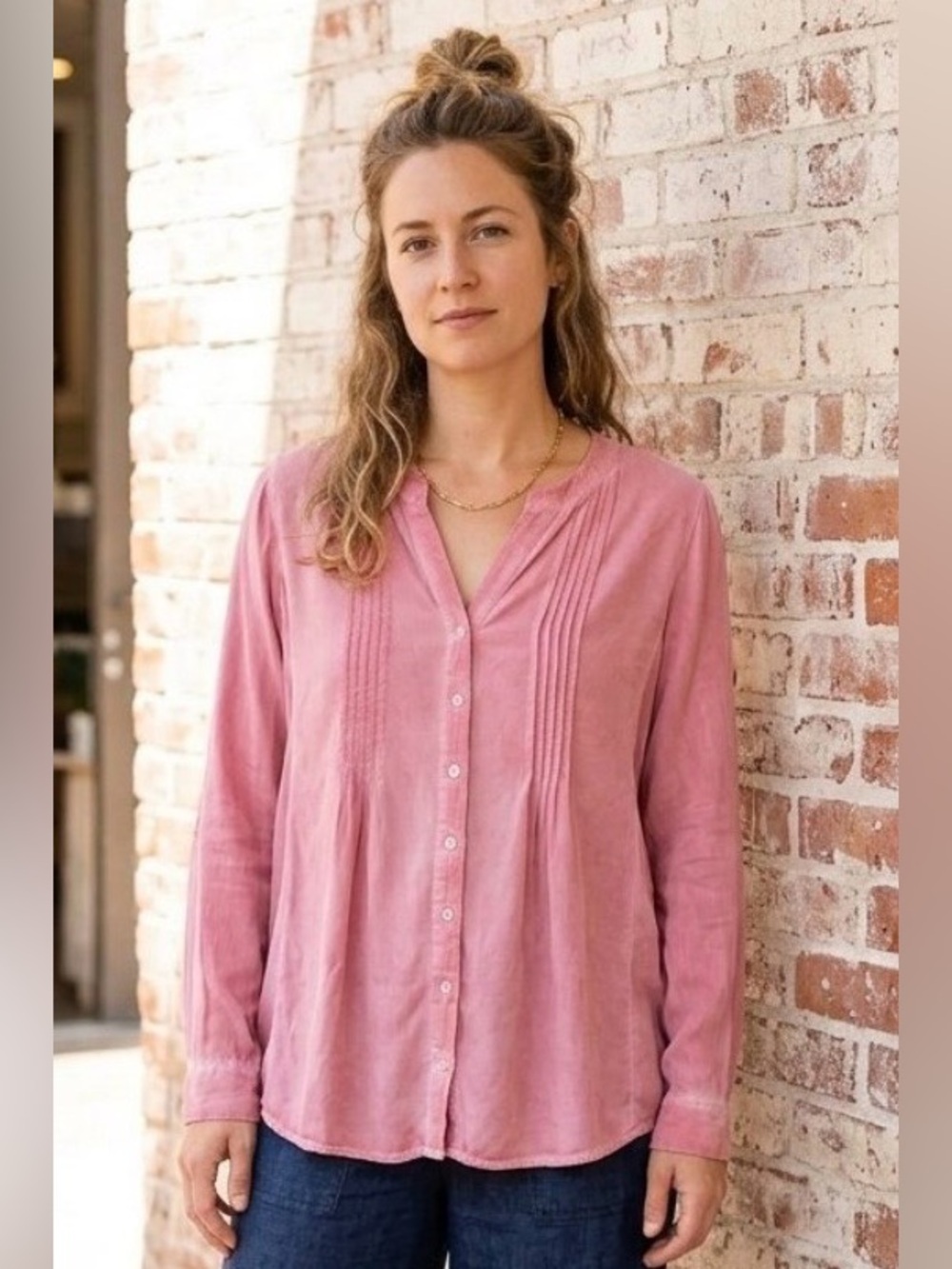 Jane Delaney Women's Pink Pintuck Button-Front Blouse Dusty Rose Size M